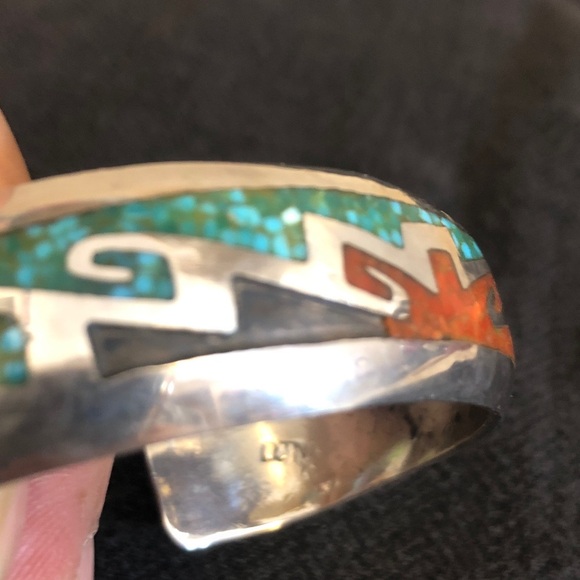 DELVIN NELSON Navajo Sterling Turquoise & Coral Inlay Cuff Bracelet Please Read - Picture 8 of 8